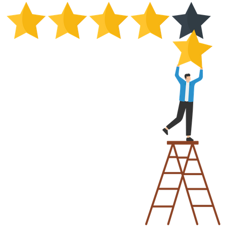 Hombre que da una calificación de cinco estrellas, reseña de alta calidad y buena reputación comercial  Ilustración