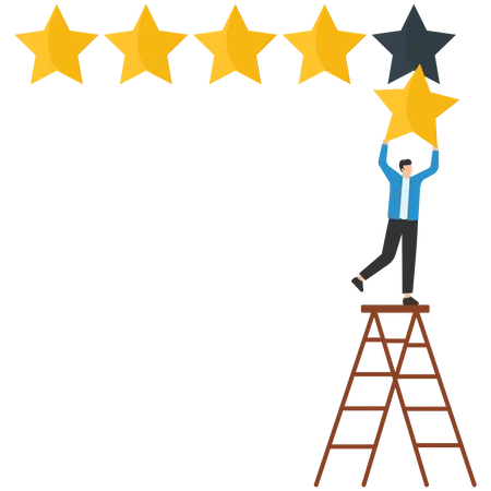 Hombre que da una calificación de cinco estrellas, reseña de alta calidad y buena reputación comercial  Ilustración