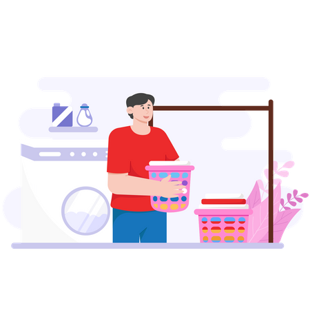 Hombre que está secando la ropa lavada  Ilustración