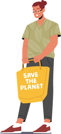 Hombre llevando una bolsa de tela que denota salvar el planeta.  Ilustración