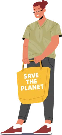 Hombre llevando una bolsa de tela que denota salvar el planeta.  Ilustración