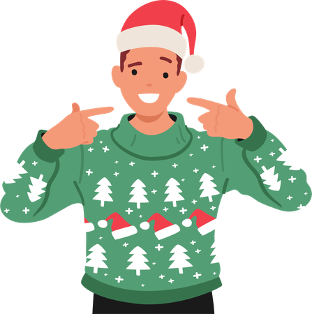 Un hombre vestido con un acogedor y feo suéter navideño y un gorro de Papá Noel irradia espíritu festivo con una cálida sonrisa y ojos brillantes  Ilustración