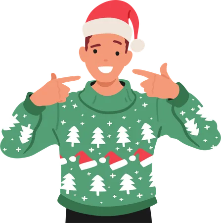 Un hombre vestido con un acogedor y feo suéter navideño y un gorro de Papá Noel irradia espíritu festivo con una cálida sonrisa y ojos brillantes  Ilustración