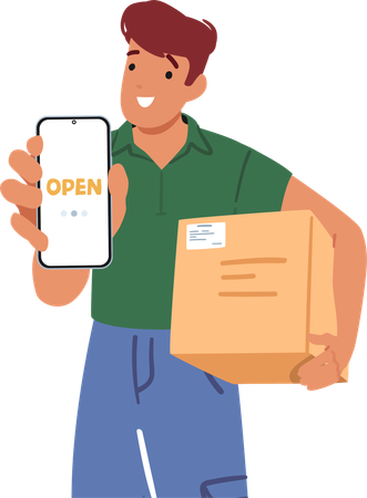 Hombre que lleva una caja de cartón con un paquete mostrando la pantalla blanca de un teléfono inteligente con una caricatura de texto abierto  Ilustración