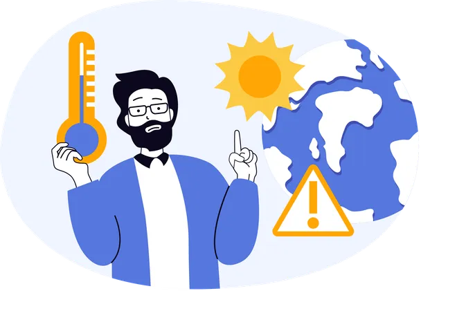 Hombre que muestra el aumento de temperatura debido a la contaminación  Ilustración