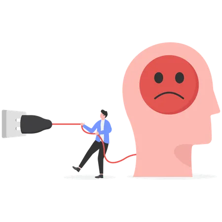 Un hombre se conecta a psicoterapia para curar un problema de salud mental.  Ilustración
