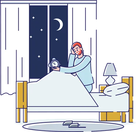 Hombre Que Sufre De Insomnio Mirando El Despertador Y Tratando De Dormir Hombre Insomne Sentado En La Cama Por La Noche Sin Suenos Concepto De Problema De Insomnio Ilustracion Vectorial Lineal Ilustración