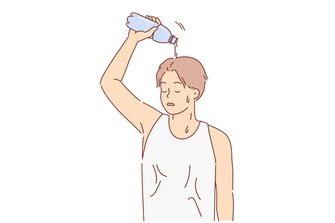 Un hombre que sufre una insolación se vierte agua de una botella en la cabeza para refrescarse después de una larga carrera  Ilustración