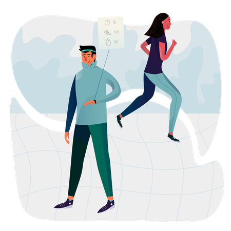 Hombre rastreando estadísticas de fitness usando un reloj inteligente  Ilustración