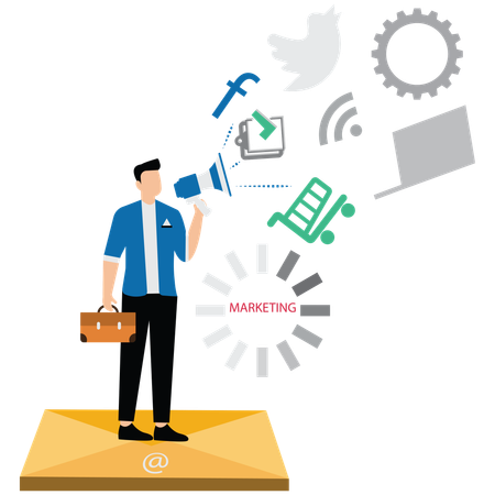 Hombre realizando campañas de marketing por correo electrónico  Ilustración