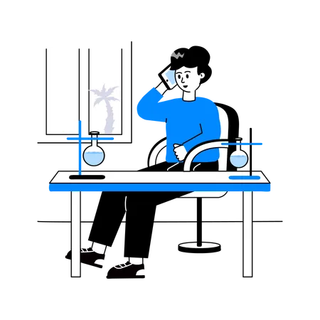 Hombre haciendo experimento médico en laboratorio médico mientras habla por teléfono  Ilustración