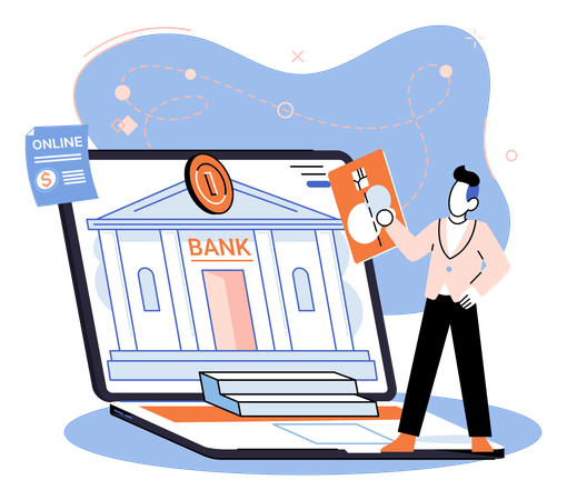Hombre realizando un pago con tarjeta en línea mediante banca por Internet  Ilustración