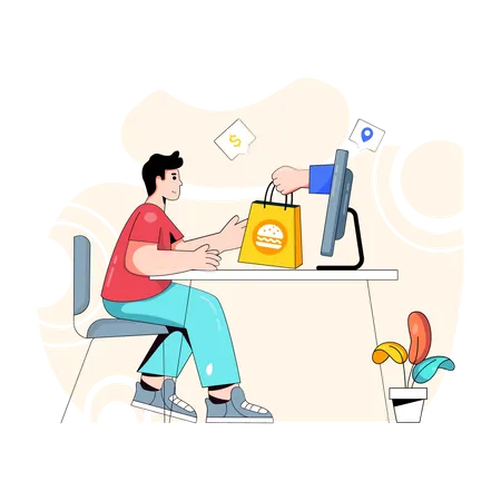 Hombre recibiendo comida en línea entregada a través de una computadora portátil  Ilustración