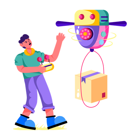 Hombre recibiendo entrega a través de un dron robótico  Ilustración