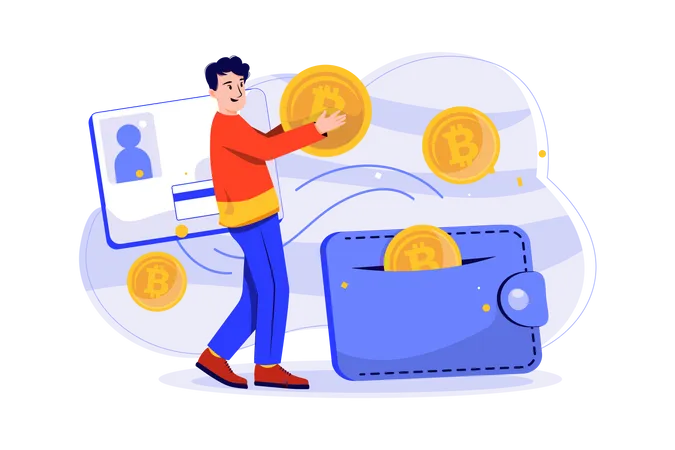 Hombre recibiendo pago de criptomonedas  Illustration