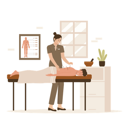 Hombre tomando terapia de acupuntura tradicional en la espalda  Ilustración