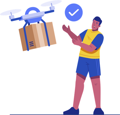 Hombre recibiendo un paquete entregado por un dron  Ilustración