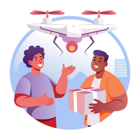 Hombre recibiendo una entrega mediante dron  Ilustración