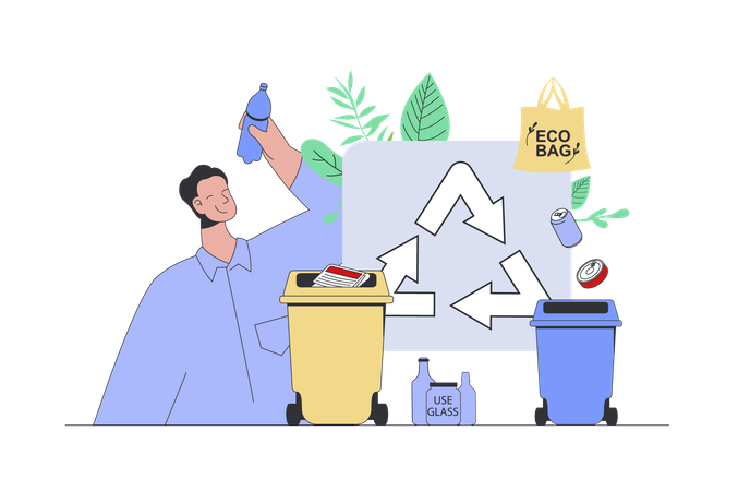 Hombre reciclando basura  Ilustración