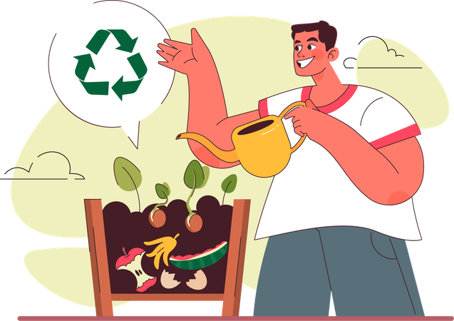 Hombre reciclando residuos en fertilizantes de plantas.  Ilustración