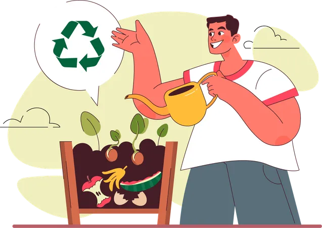 Hombre reciclando residuos en fertilizantes de plantas.  Ilustración
