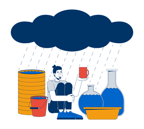 Hombre recogiendo agua de lluvia  Ilustración