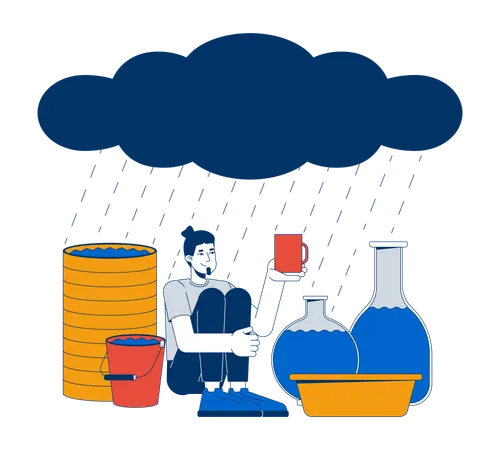 Hombre recogiendo agua de lluvia  Ilustración