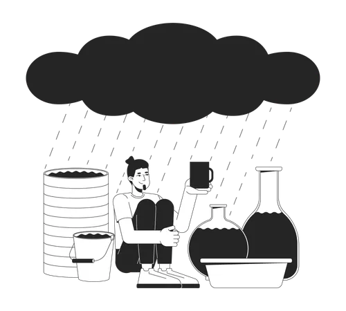 Hombre recogiendo agua de lluvia  Ilustración