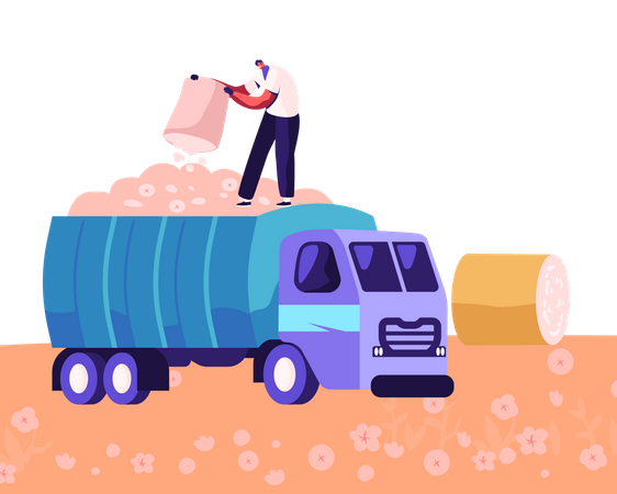 Hombre recogiendo algodón en el campo y poniéndolo en un camión  Ilustración