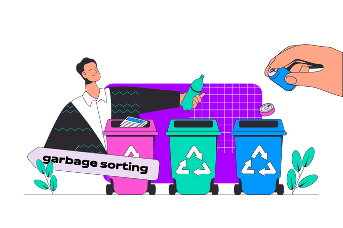 Hombre recogiendo y clasificando basura en diferentes contenedores de basura para planta de reciclaje  Ilustración