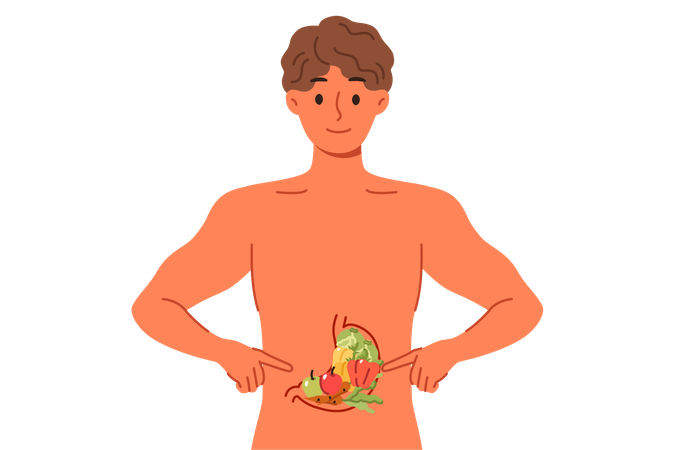 Hombre recomienda una dieta saludable y señala verduras dentro del estómago con el torso desnudo  Ilustración