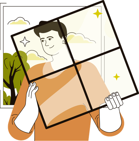 Hombre reemplazando ventana vieja  Ilustración