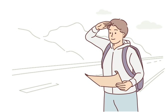 El hombre transportista con el mapa se encuentra cerca de la carretera  Ilustración