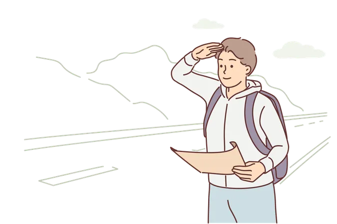 El hombre transportista con el mapa se encuentra cerca de la carretera  Ilustración