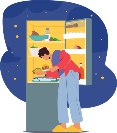 Hombre abre el refrigerador en busca de un regalo de medianoche  Ilustración