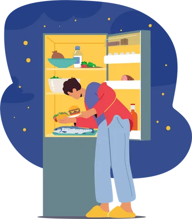 Hombre abre el refrigerador en busca de un regalo de medianoche  Ilustración