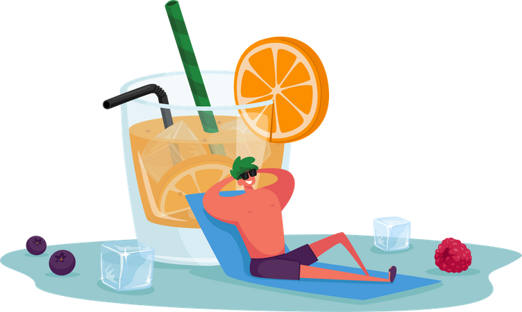 Hombre relajándose y tomando un vaso de jugo de naranja  Ilustración