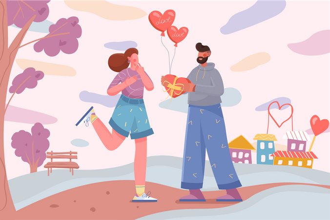 El hombre le da chocolate a la mujer el día de San Valentín  Ilustración