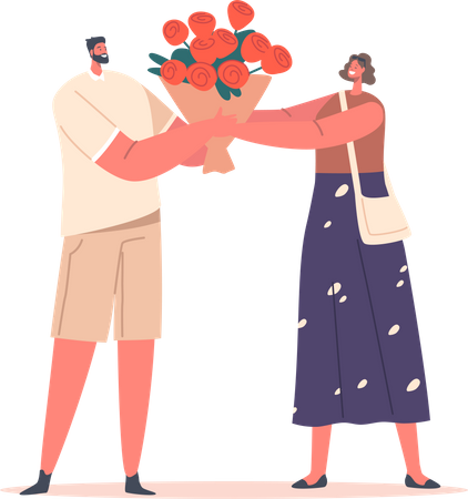 El hombre le da ramo a su novia feliz  Ilustración