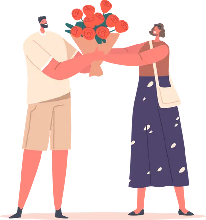 El hombre le da ramo a su novia feliz  Ilustración