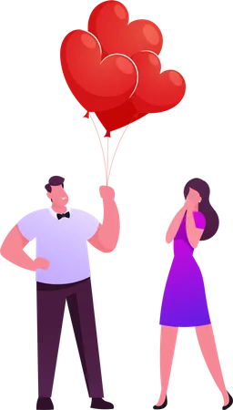 Hombre le regala un montón de globos a una mujer  Ilustración