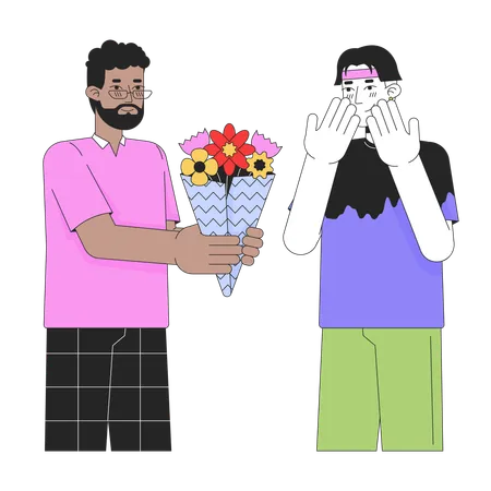 Hombre regalando ramo de flores a un amante masculino  Ilustración