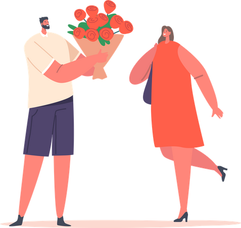 Hombre dando flores suntuosas ramo de rosas rojas a novia bonita  Ilustración