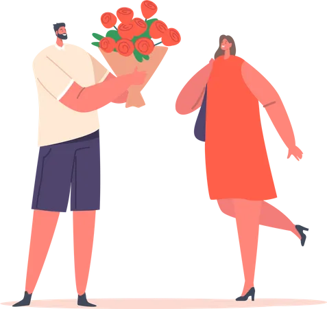 Hombre dando flores suntuosas ramo de rosas rojas a novia bonita  Ilustración