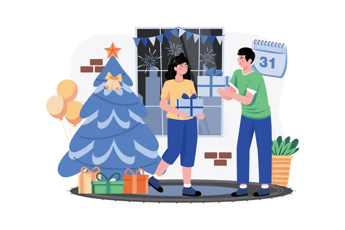 Hombre regalando regalo de Navidad a mujer  Ilustración