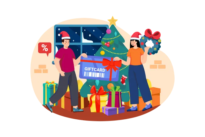 Hombre regalando tarjeta de regalo de Navidad a mujer  Ilustración