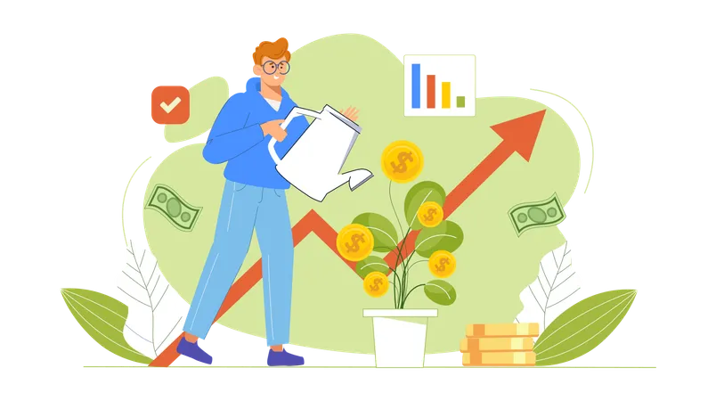 Hombre regando planta de dólar mientras obtiene crecimiento financiero  Ilustración