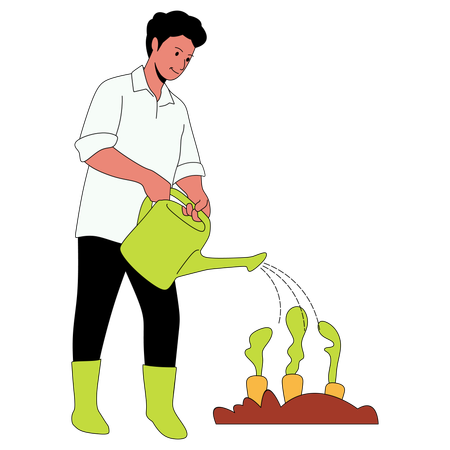 Hombre regando plantas en el jardín  Ilustración