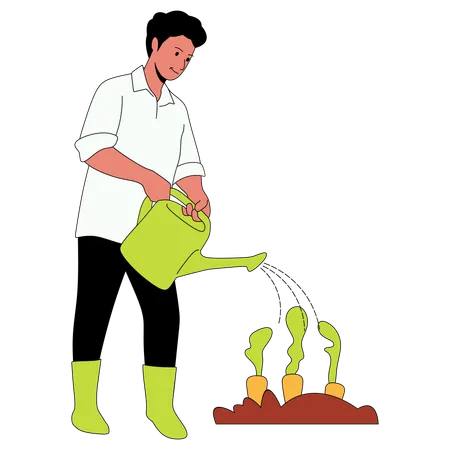 Hombre regando plantas en el jardín  Ilustración