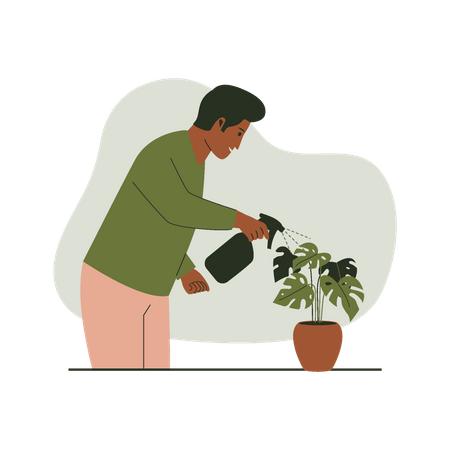 Hombre regar plantas en macetas  Ilustración
